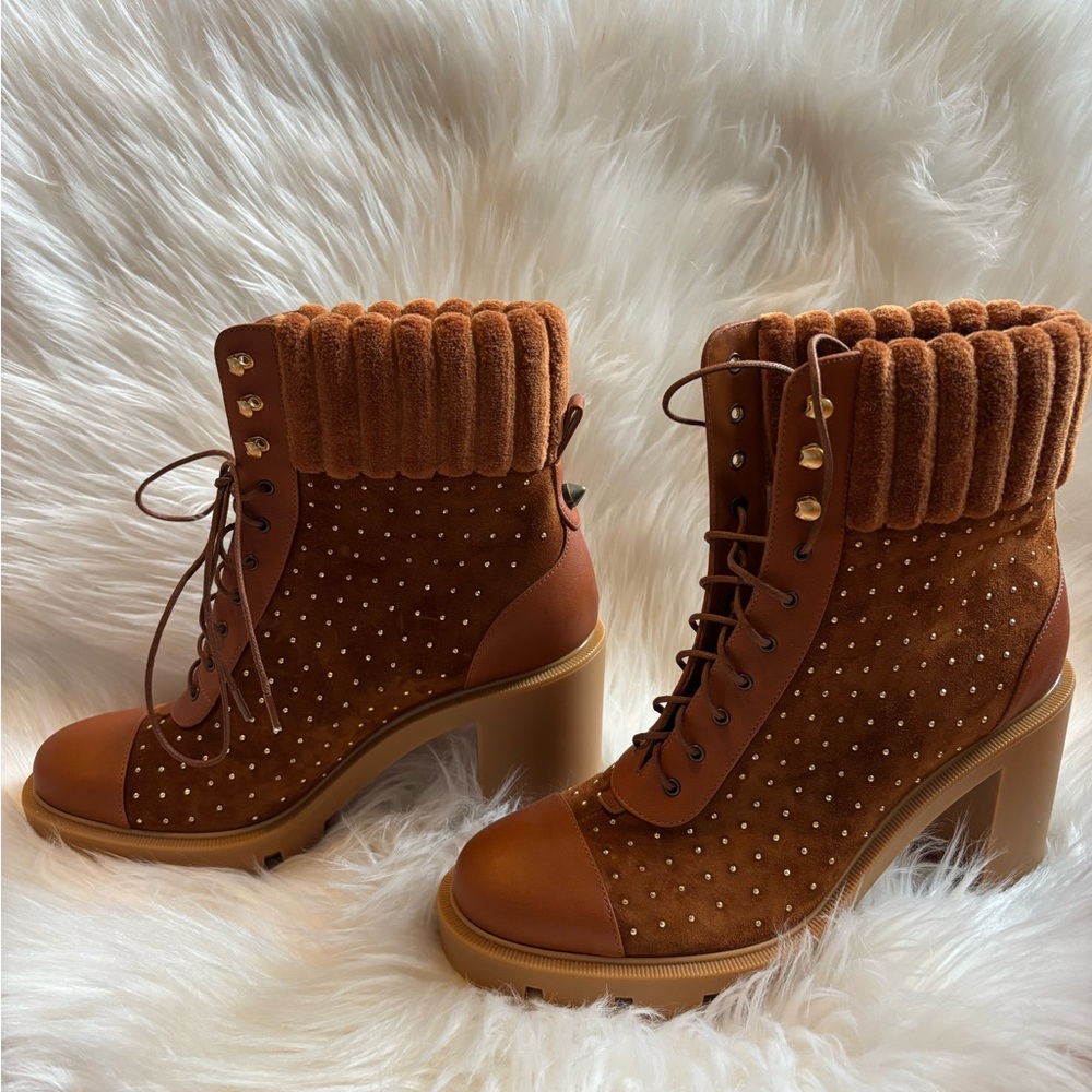 Christian Louboutin Brown Lace Up Boots with Chunky Heel